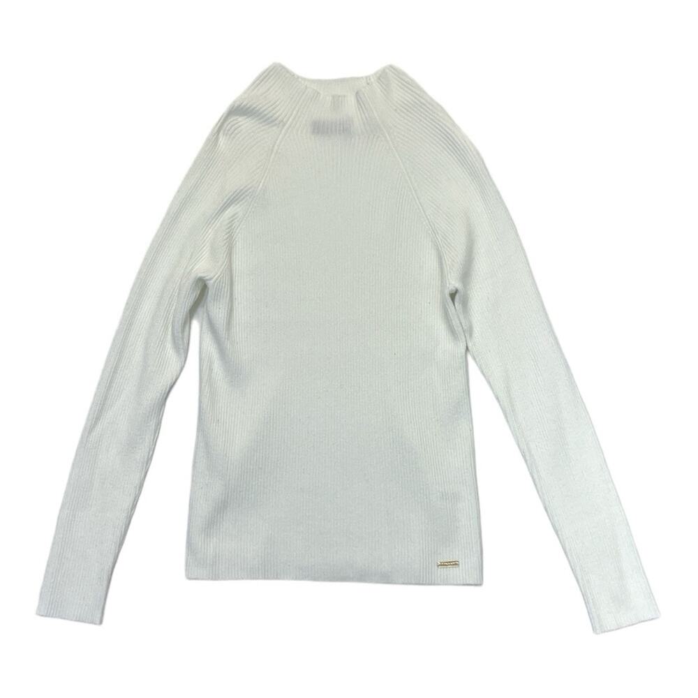 Tahari Ribbed Mock Neck Sweater Women L Slim Fit White Stretch Bodycon Knit
